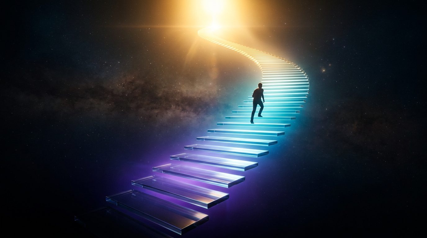 Glowing staircase rising toward golden light, symbolizing getting 1% better every day